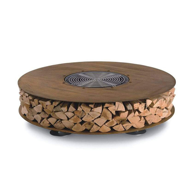 Round Corten Steel Firewood Storage Outdoor Metal Furniture Wood Holder Fire Pit Table Dengan Kursi