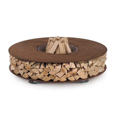 Round Corten Steel Firewood Storage Outdoor Metal Furniture Wood Holder Fire Pit Table Dengan Kursi