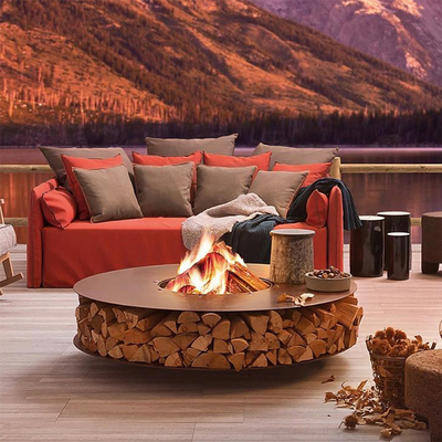 Round Corten Steel Firewood Storage Outdoor Metal Furniture Wood Holder Fire Pit Table Dengan Kursi