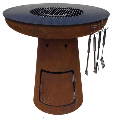 BBQ Fire Bowl Corten Steel Dengan Cincin Pemanggang Berkemah Di Luar Ruangan