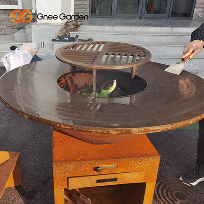 Pembakaran Kayu Corten Steel Outdoor BBQ Table Fire Pit Arang Barbekyu Grill