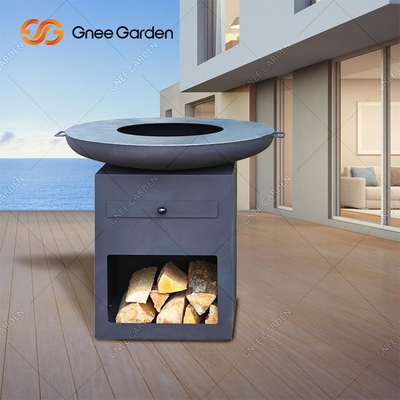 Backyard Patio Outdoor Cooking Rusty Corten Steel Fire Pit Dengan Penyimpanan Log Besar