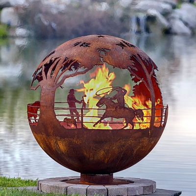 900mm Dekoratif Corten Globe Steel Fire Pit Buatan Tangan