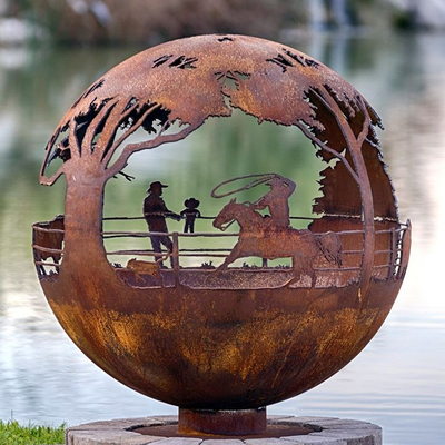 900mm Dekoratif Corten Globe Steel Fire Pit Buatan Tangan