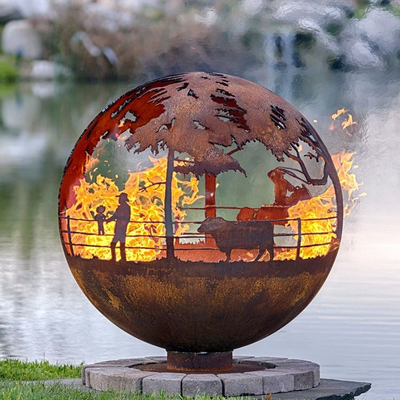 900mm Dekoratif Corten Globe Steel Fire Pit Buatan Tangan