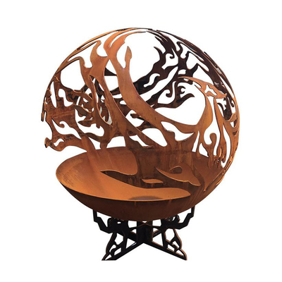 Phoenix Pattern Steel Fire Pit Outdoor Patio Corten Sphere Firepit Untuk Pemanasan Taman
