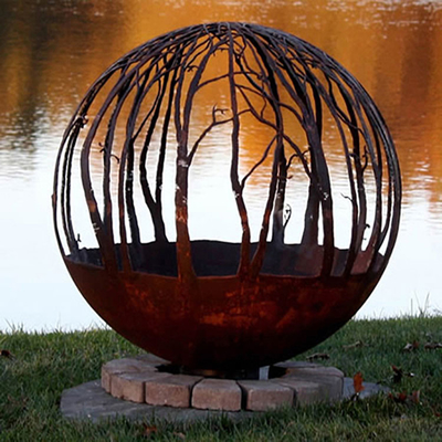 Pembakaran Kayu Luar Ruangan Corten Steel Sphere Fire Pit Round Custom