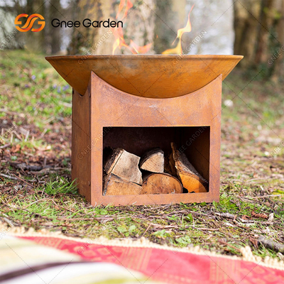 Round Outdoor Garden Wood Burning Corten Steel Fire Pit 3mm Dengan Penyimpanan Kayu