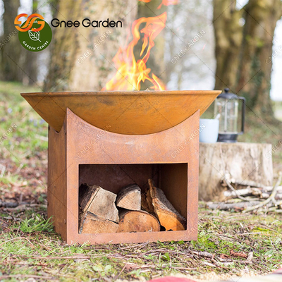 Round Outdoor Garden Wood Burning Corten Steel Fire Pit 3mm Dengan Penyimpanan Kayu