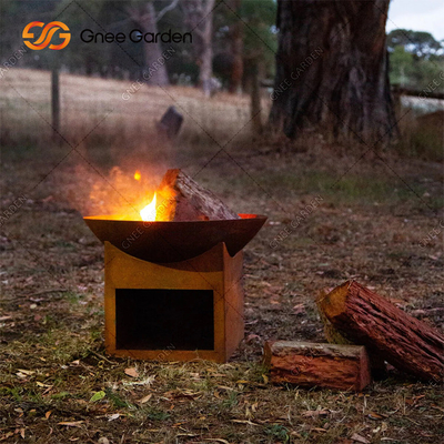 Round Outdoor Garden Wood Burning Corten Steel Fire Pit 3mm Dengan Penyimpanan Kayu